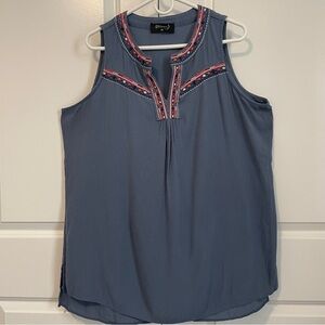 Whispers New York Women’s 0X|XL Blue Sleeveless Top with Embroidered Neckline